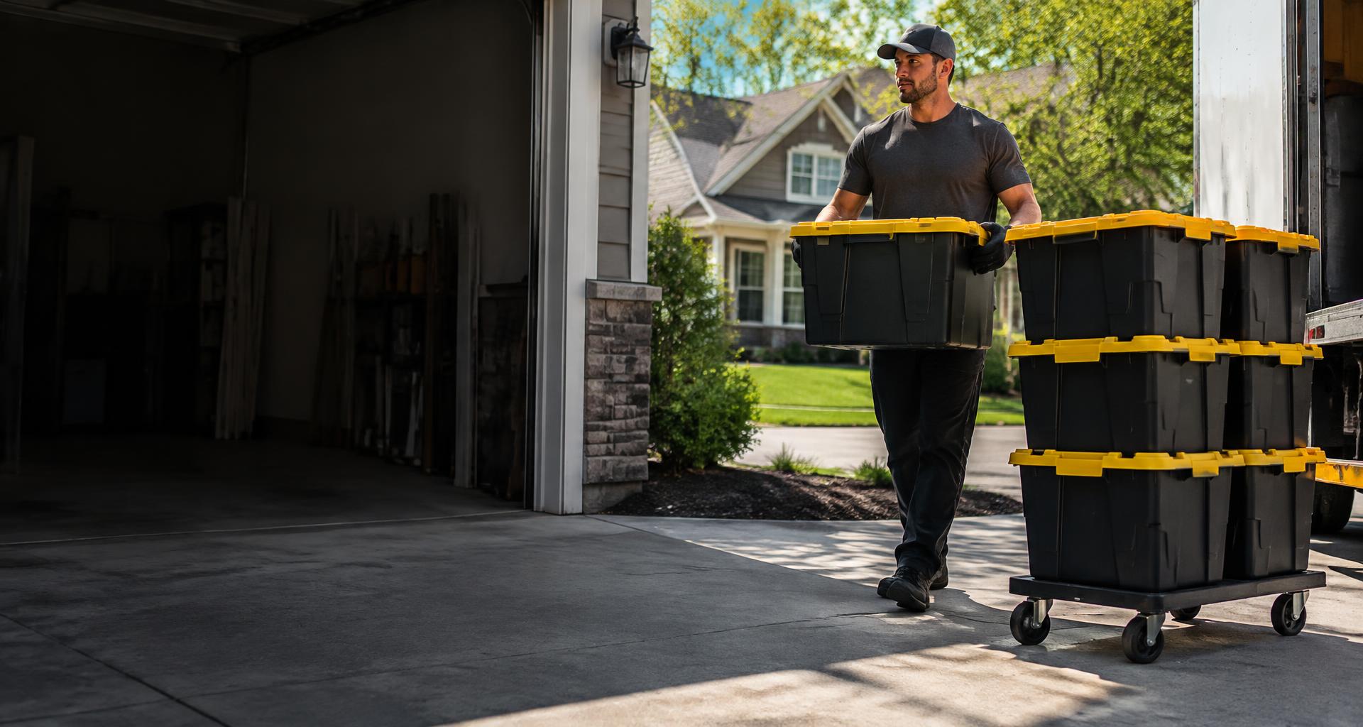 Mover and heavy-duty black storage totes with golden-yellow lids outside a Minnesota home