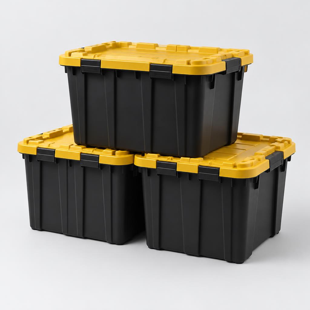 Reusable black storage totes with yellow locking lids